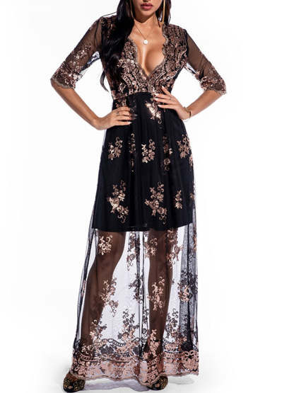 V-Neck A-Line Prom Dress with Lace Appliques and Half Sleeves