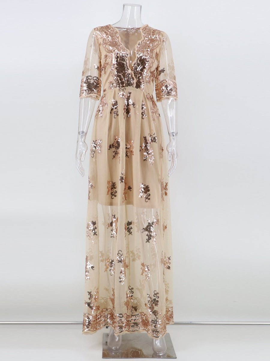 V-Neck A-Line Prom Dress with Lace Appliques and Half Sleeves