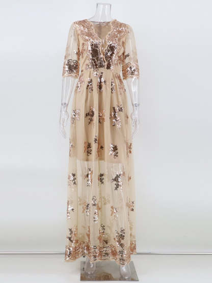 V-Neck A-Line Prom Dress with Lace Appliques and Half Sleeves