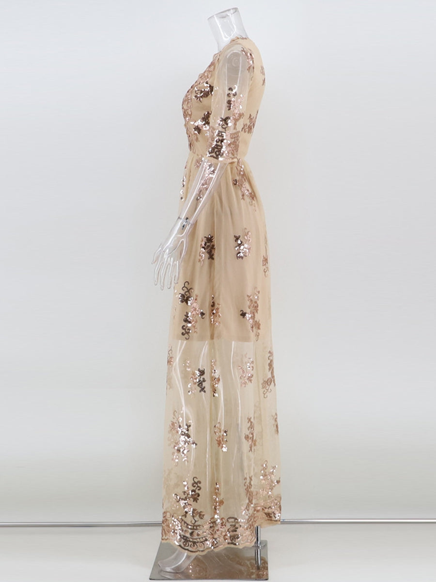 V-Neck A-Line Prom Dress with Lace Appliques and Half Sleeves