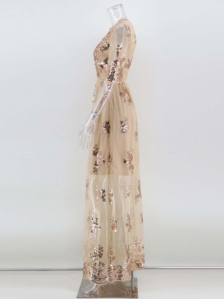 V-Neck A-Line Prom Dress with Lace Appliques and Half Sleeves