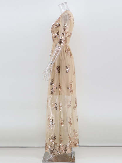 V-Neck A-Line Prom Dress with Lace Appliques and Half Sleeves