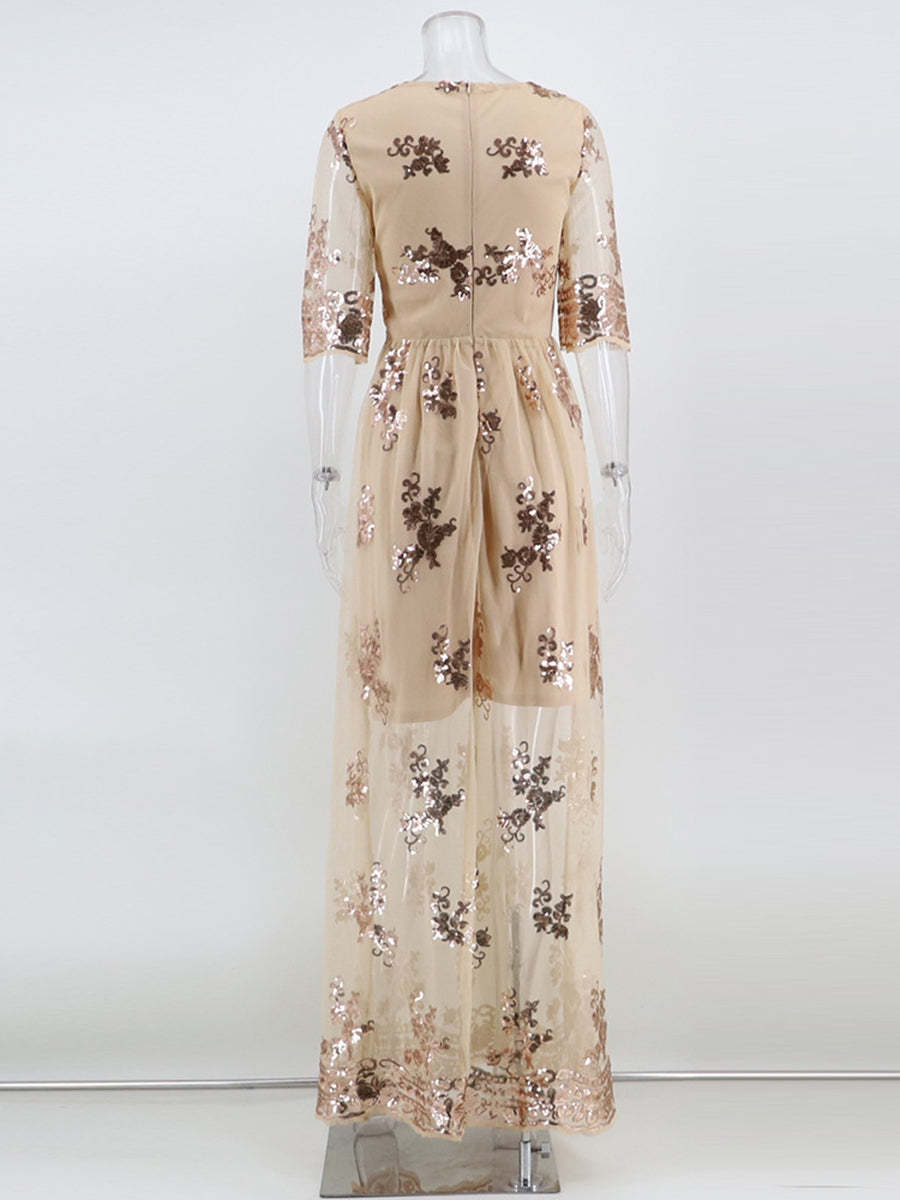 V-Neck A-Line Prom Dress with Lace Appliques and Half Sleeves