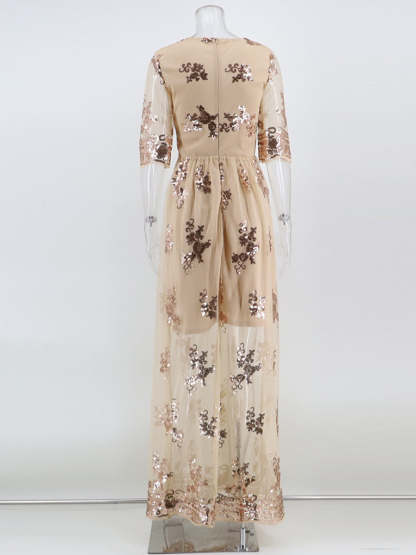 V-Neck A-Line Prom Dress with Lace Appliques and Half Sleeves