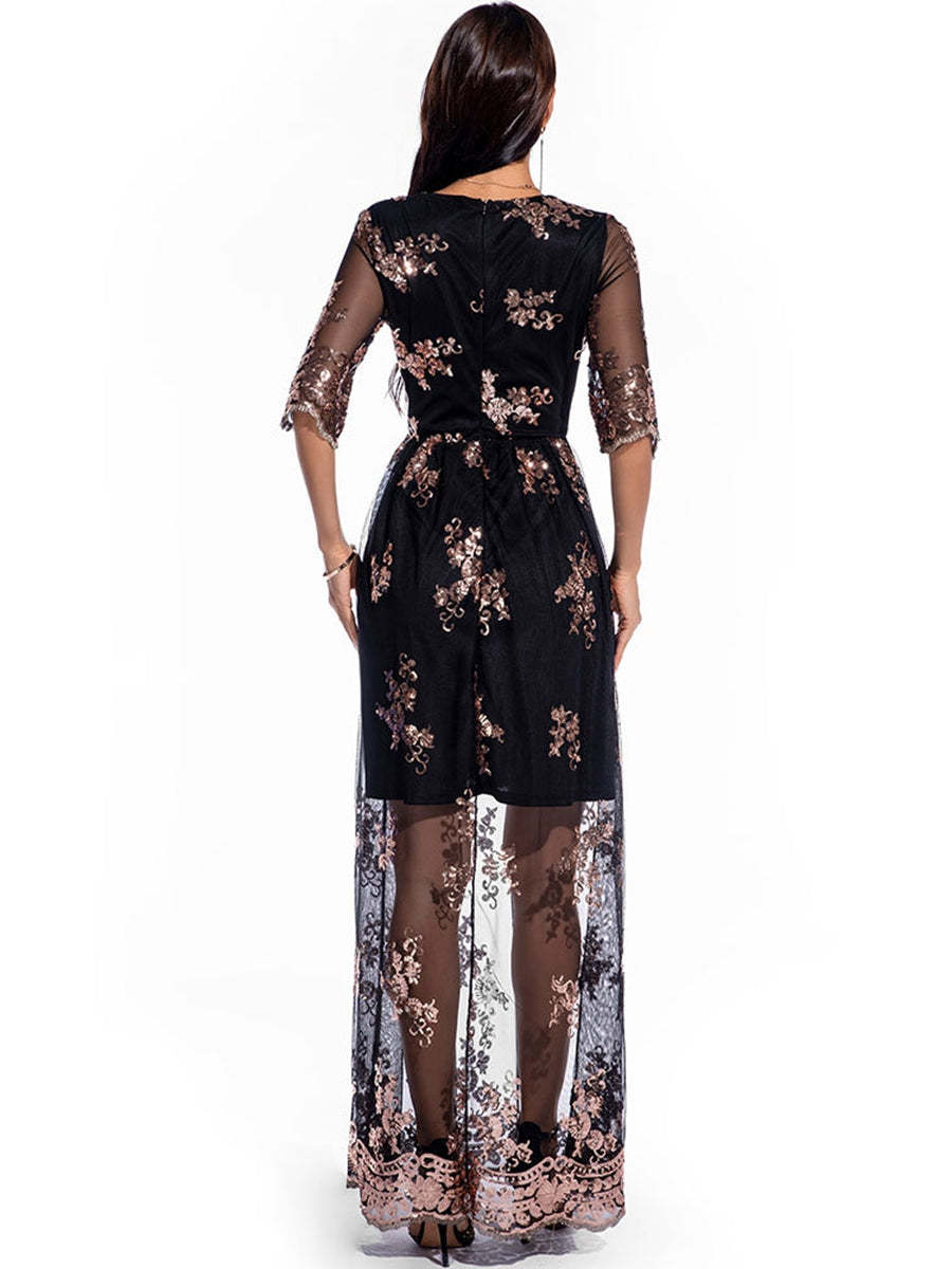 V-Neck A-Line Prom Dress with Lace Appliques and Half Sleeves