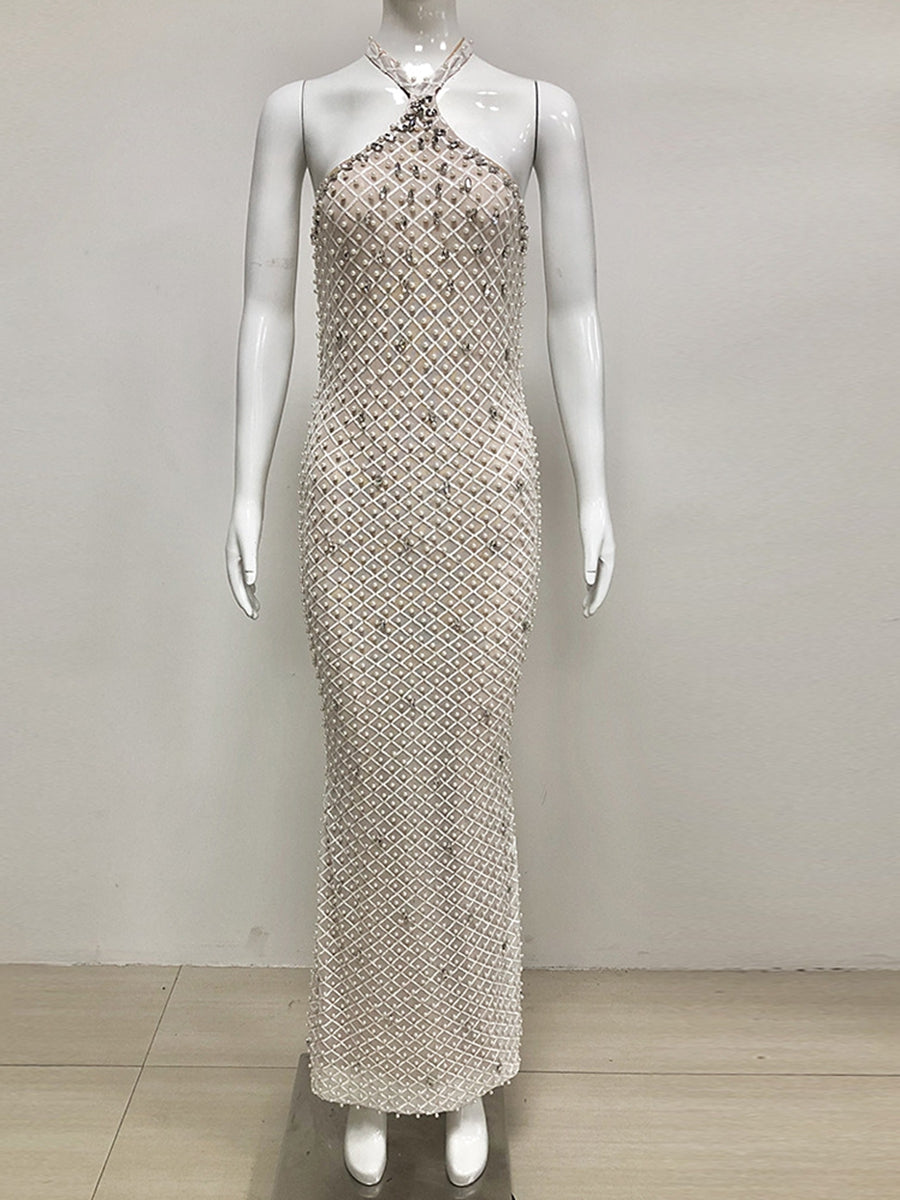 Elegant Sleeveless Sequined Prom Dress with Pearl Accents and Back Split