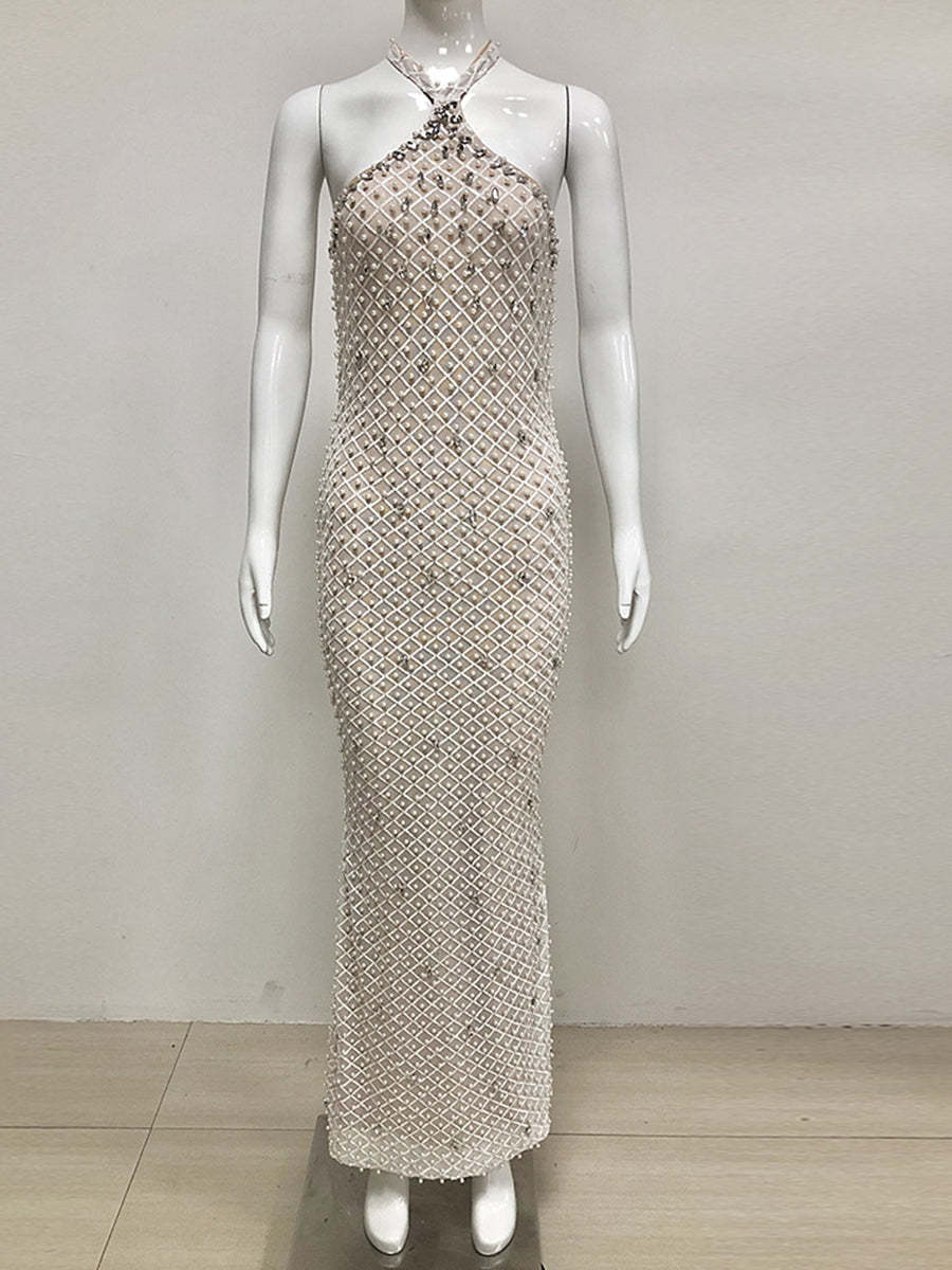 Elegant Sleeveless Sequined Prom Dress with Pearl Accents and Back Split
