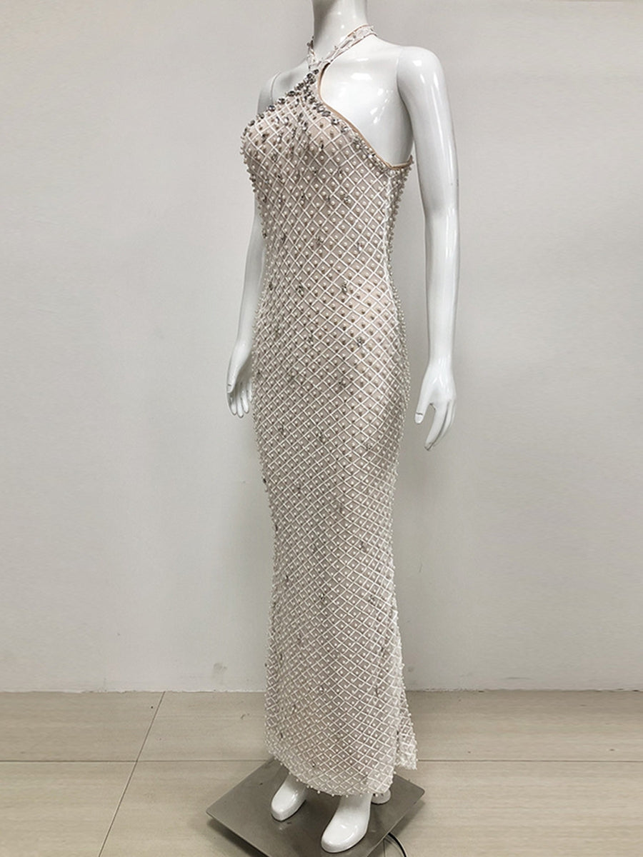 Elegant Sleeveless Sequined Prom Dress with Pearl Accents and Back Split