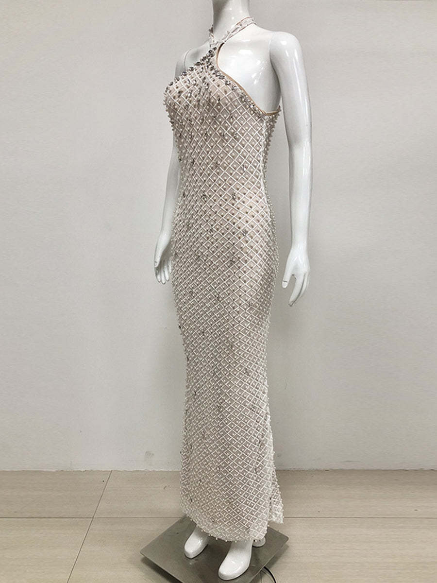 Elegant Sleeveless Sequined Prom Dress with Pearl Accents and Back Split