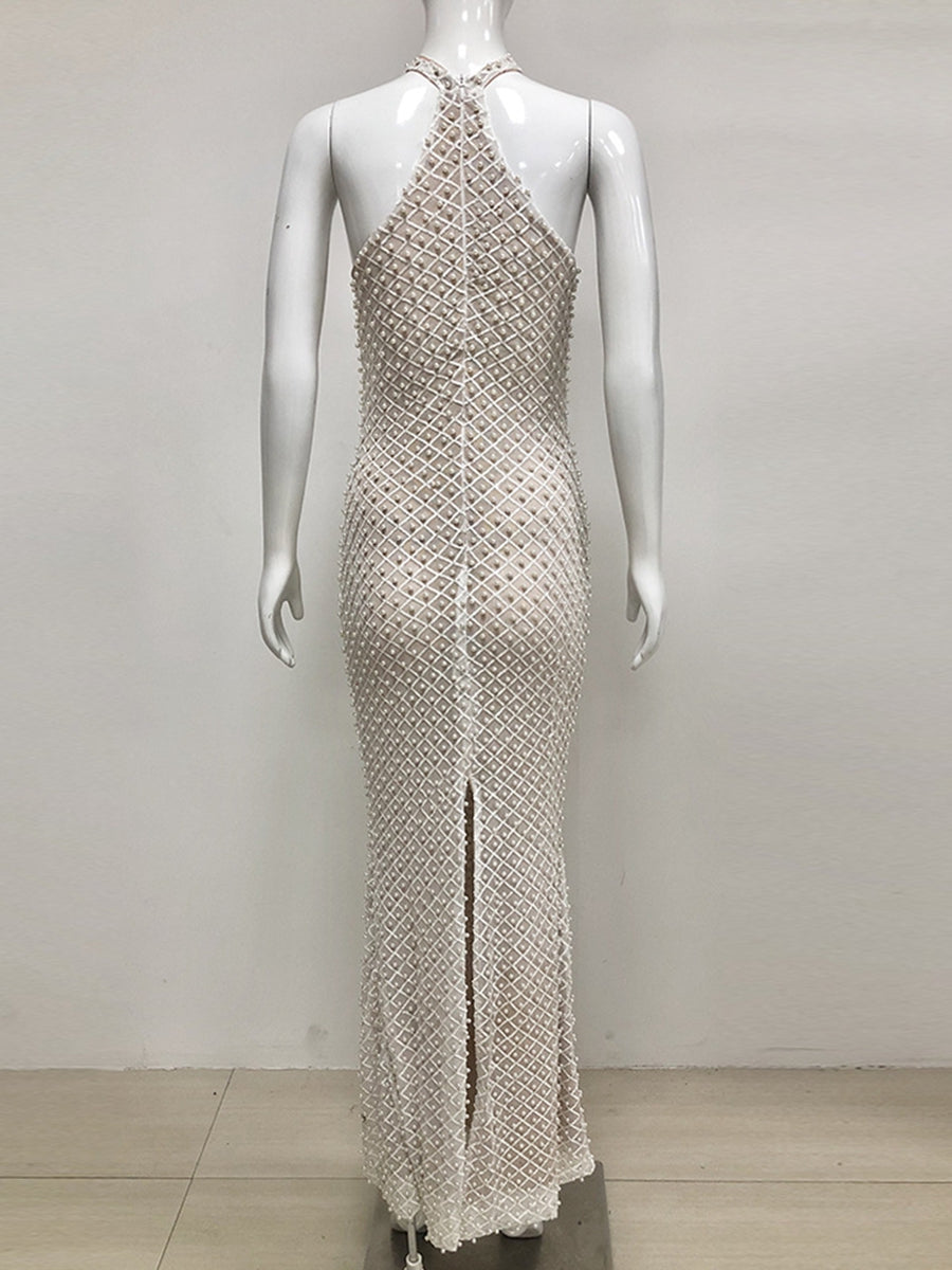 Elegant Sleeveless Sequined Prom Dress with Pearl Accents and Back Split