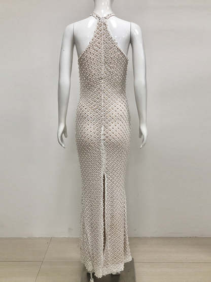 Elegant Sleeveless Sequined Prom Dress with Pearl Accents and Back Split