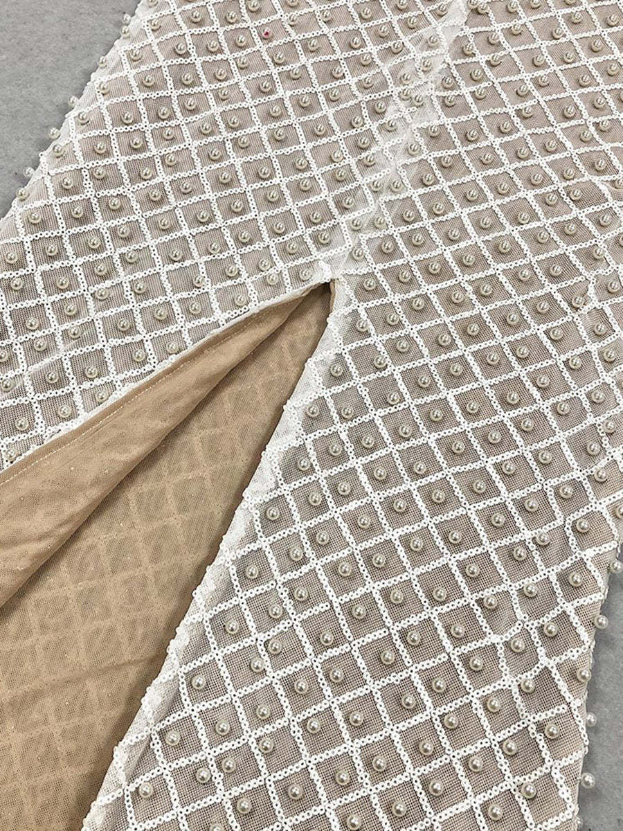 Elegant Sleeveless Sequined Prom Dress with Pearl Accents and Back Split