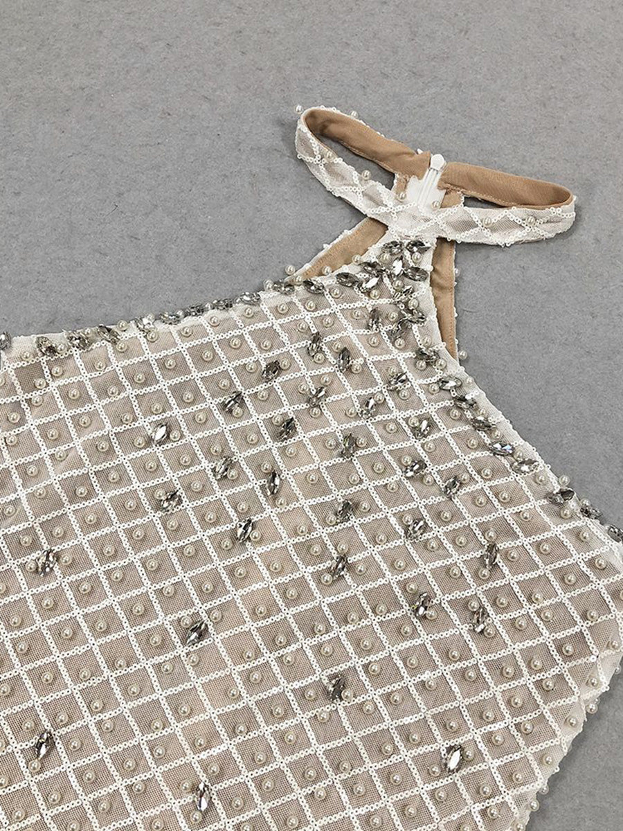 Elegant Sleeveless Sequined Prom Dress with Pearl Accents and Back Split