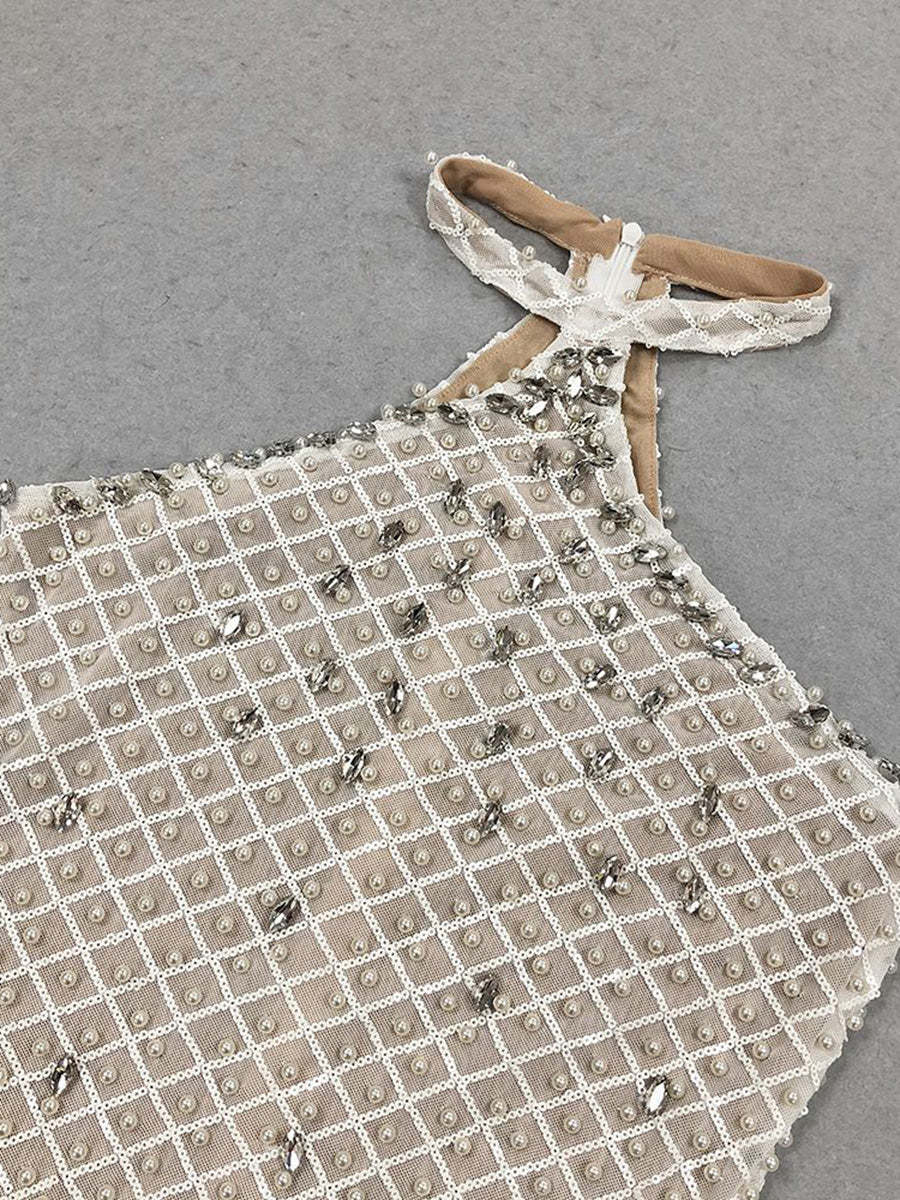 Elegant Sleeveless Sequined Prom Dress with Pearl Accents and Back Split