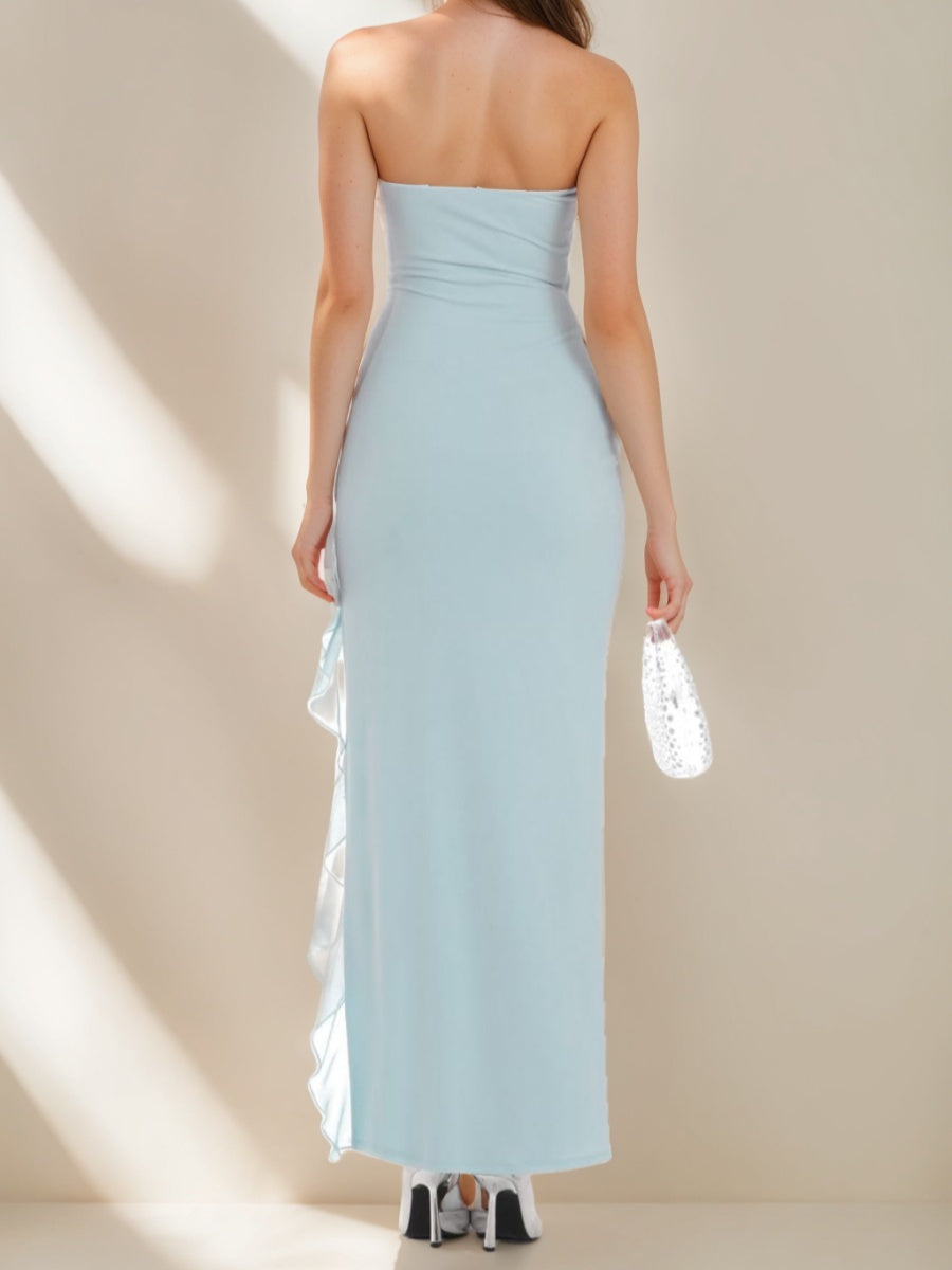 Strapless Ankle-Length Prom Dress with High Side Slit and Ruffled Sheath/Column Design
