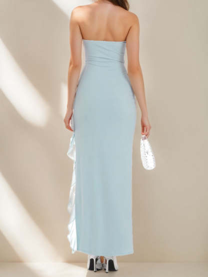 Strapless Ankle-Length Prom Dress with High Side Slit and Ruffled Sheath/Column Design