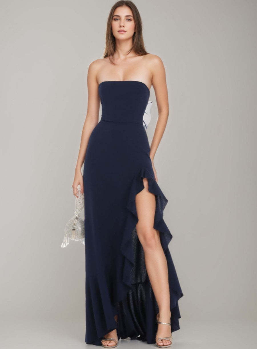 Strapless Asymmetrical A-Line Prom Dress with Ruffles and Back Bow