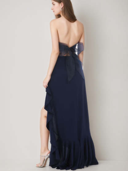Strapless Asymmetrical A-Line Prom Dress with Ruffles and Back Bow