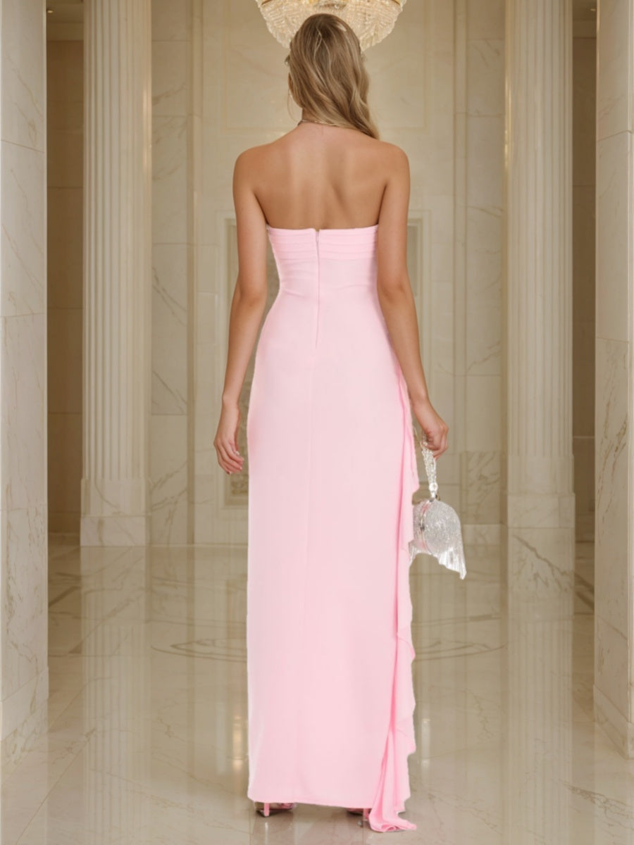 Strapless Asymmetrical Prom Dress with Ruched Sheath/Column Ruffles & High Side Slit