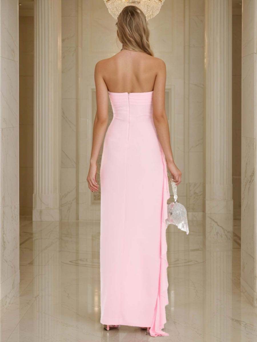 Strapless Asymmetrical Prom Dress with Ruched Sheath/Column Ruffles & High Side Slit