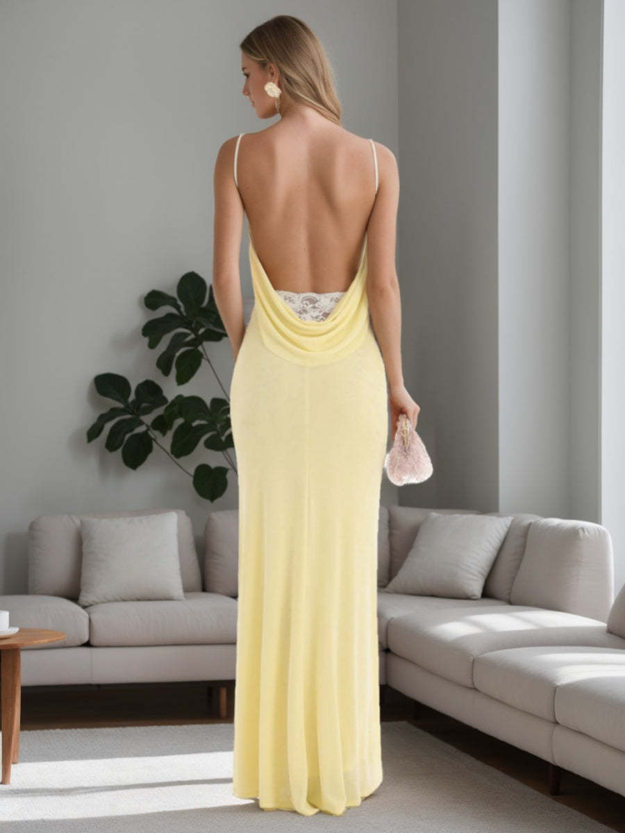 Floor-length Backless Prom Dresses with Spaghetti Straps and Ruched Lace Sheath