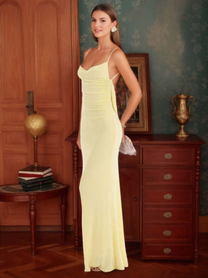 Floor-length Backless Prom Dresses with Spaghetti Straps and Ruched Lace Sheath