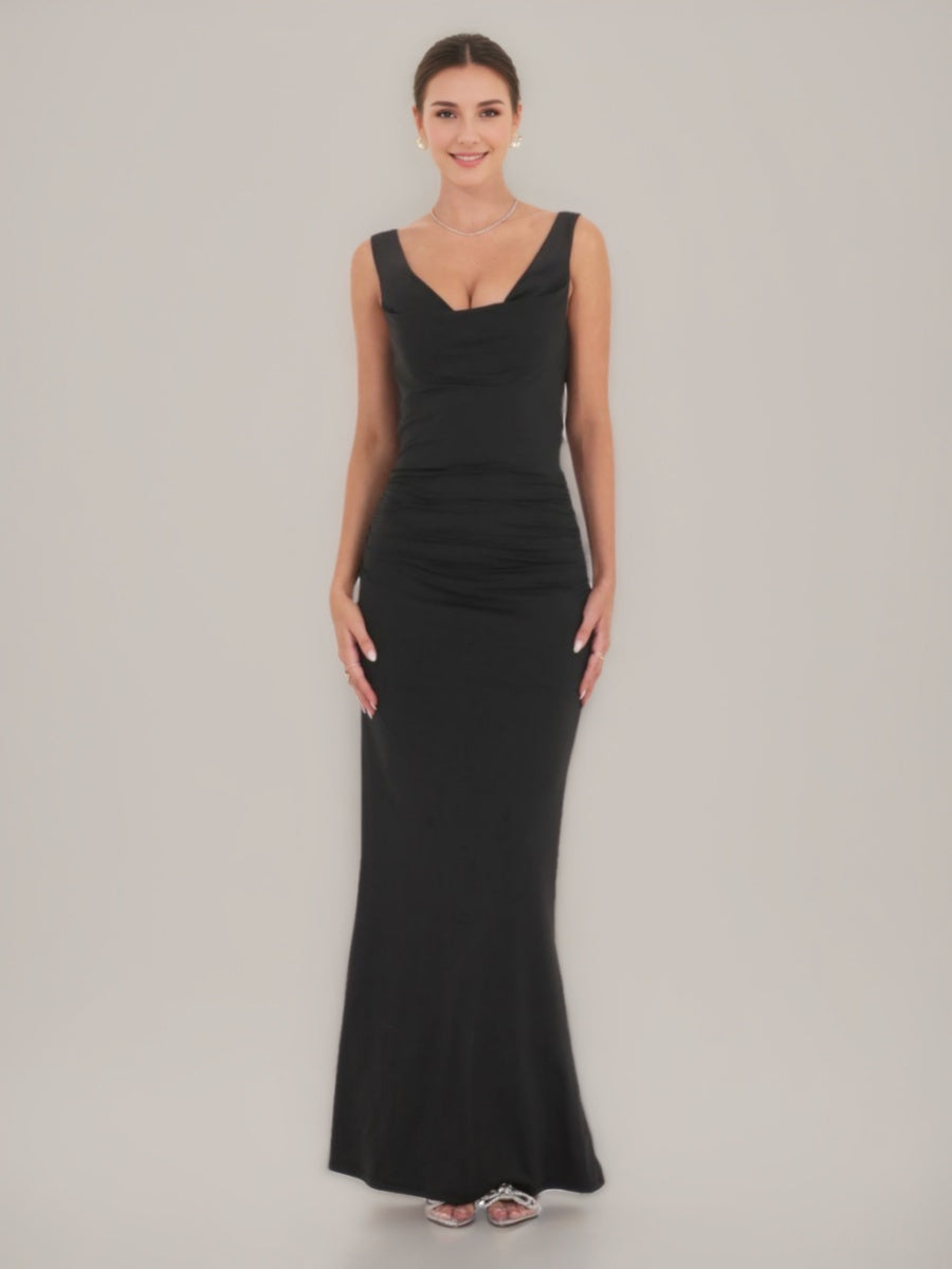 Backless Prom Dresses with Pearls Featuring a Sheath/Column Cowl Neck and Ruched Detail