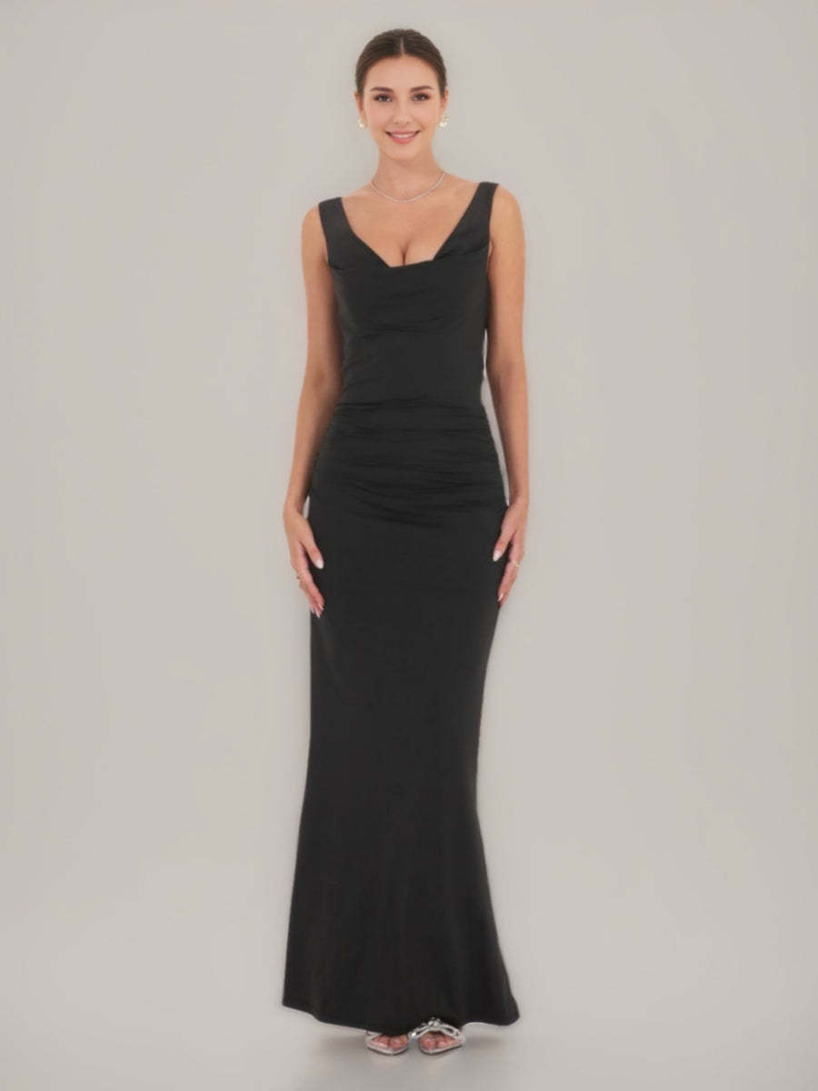 Backless Prom Dresses with Pearls Featuring a Sheath/Column Cowl Neck and Ruched Detail