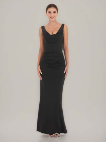 Backless Prom Dresses with Pearls Featuring a Sheath/Column Cowl Neck and Ruched Detail
