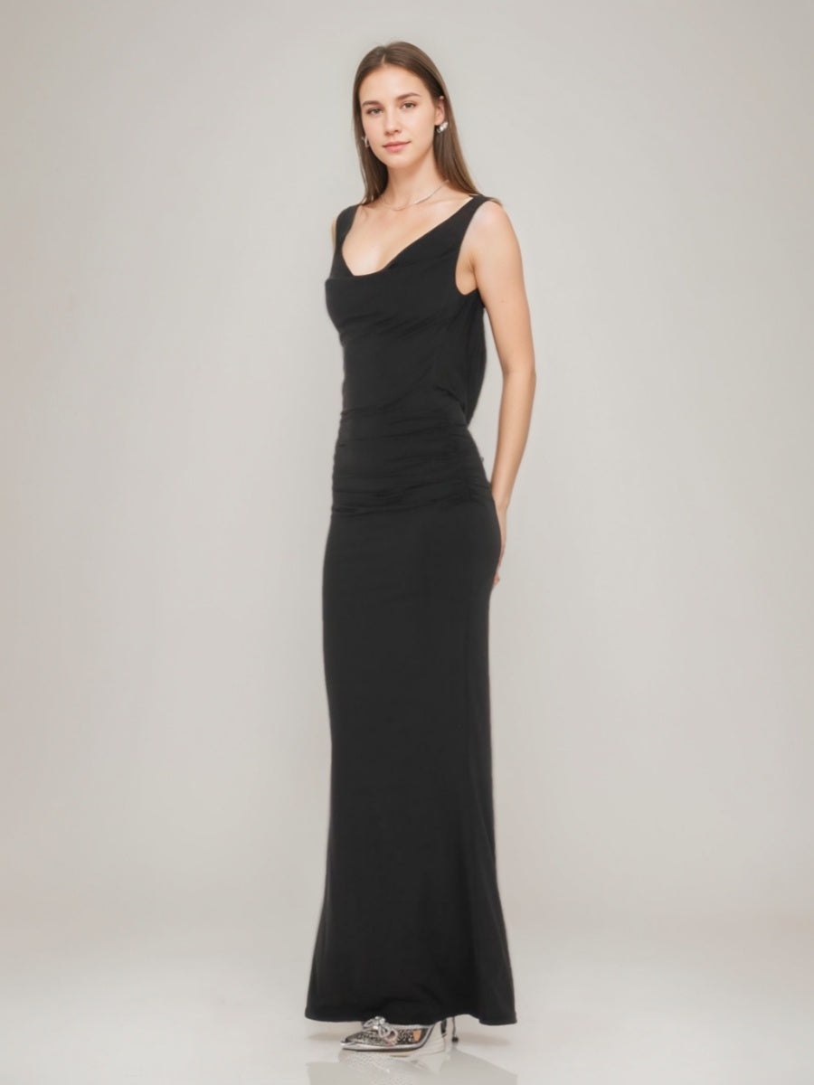 Backless Prom Dresses with Pearls Featuring a Sheath/Column Cowl Neck and Ruched Detail