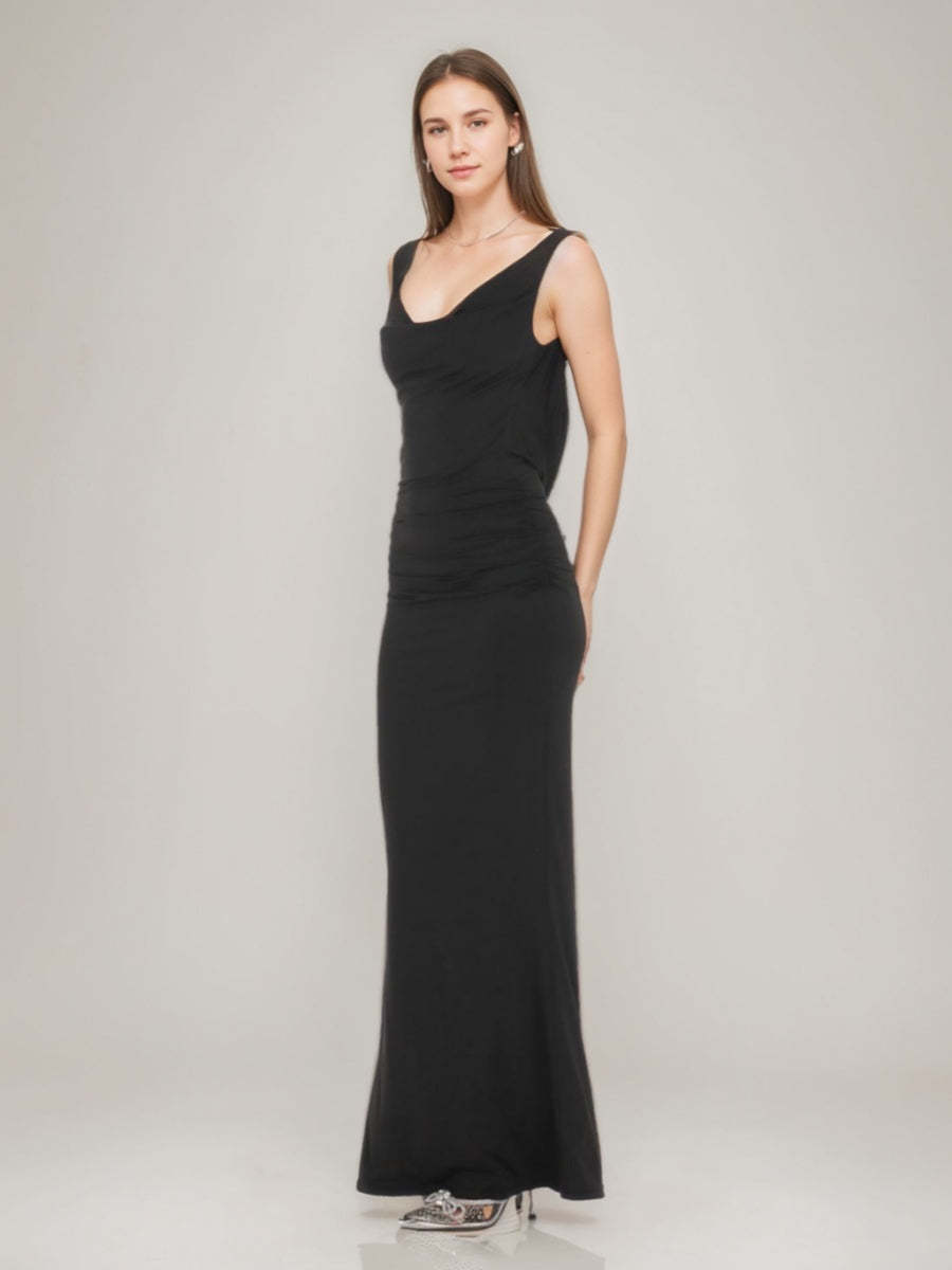 Backless Prom Dresses with Pearls Featuring a Sheath/Column Cowl Neck and Ruched Detail