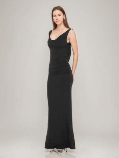 Backless Prom Dresses with Pearls Featuring a Sheath/Column Cowl Neck and Ruched Detail