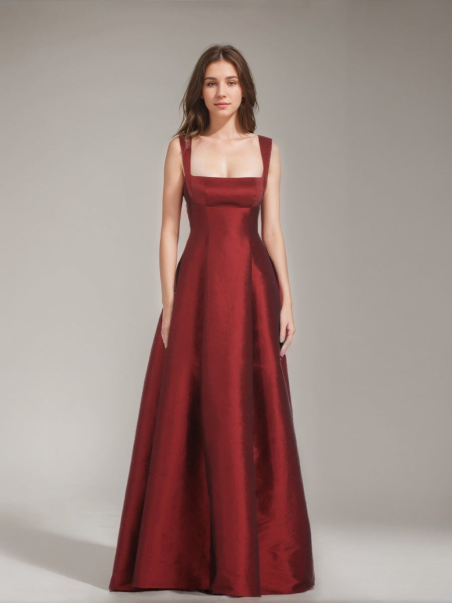 Floor-length A-Line Prom Dress with Square Neckline and Bowknot