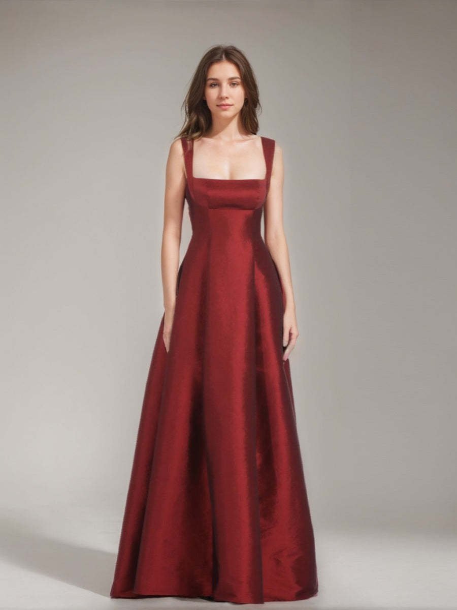 Floor-length A-Line Prom Dress with Square Neckline and Bowknot