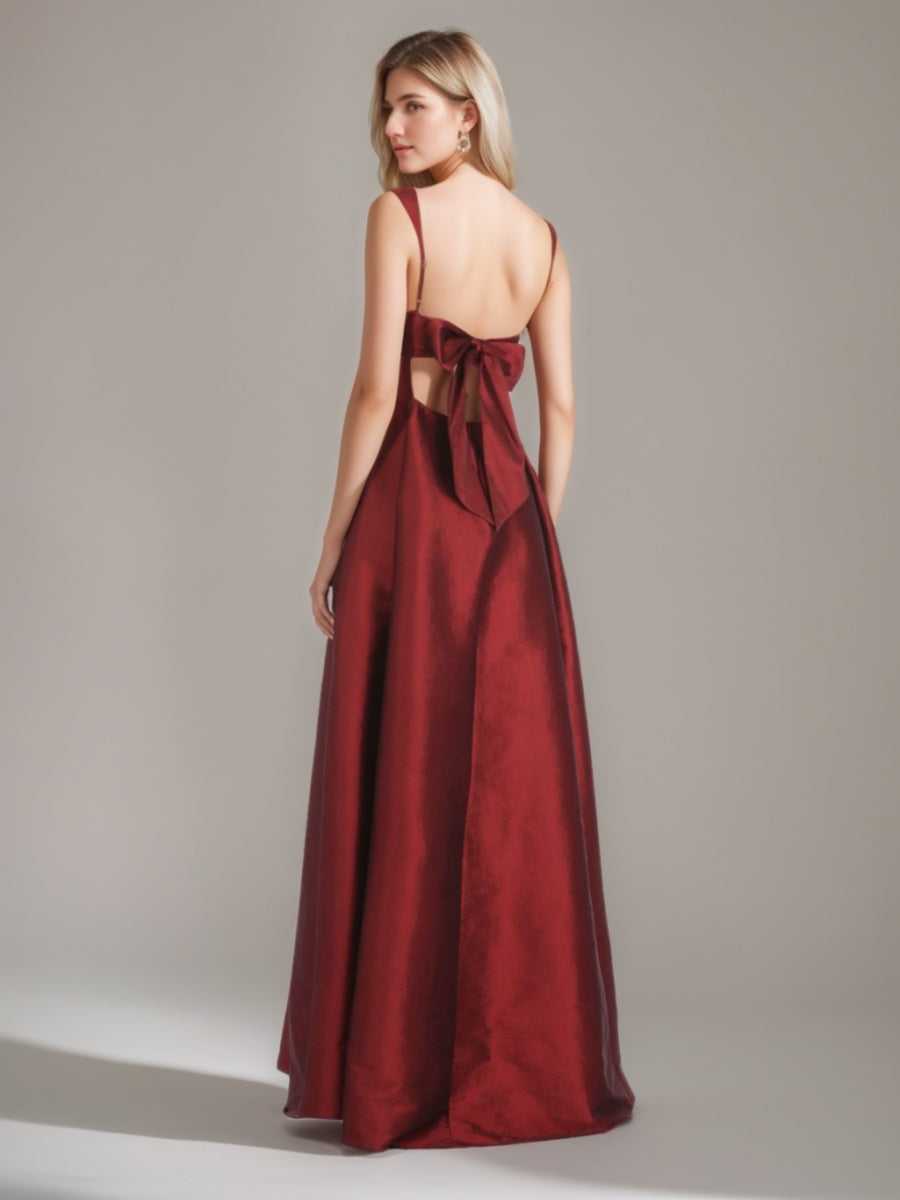 Floor-length A-Line Prom Dress with Square Neckline and Bowknot