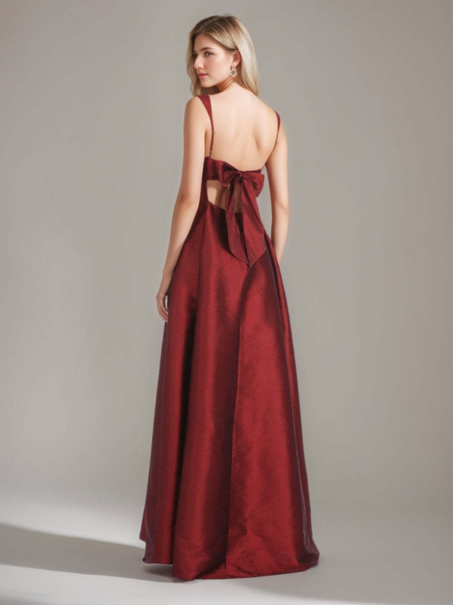 Floor-length A-Line Prom Dress with Square Neckline and Bowknot