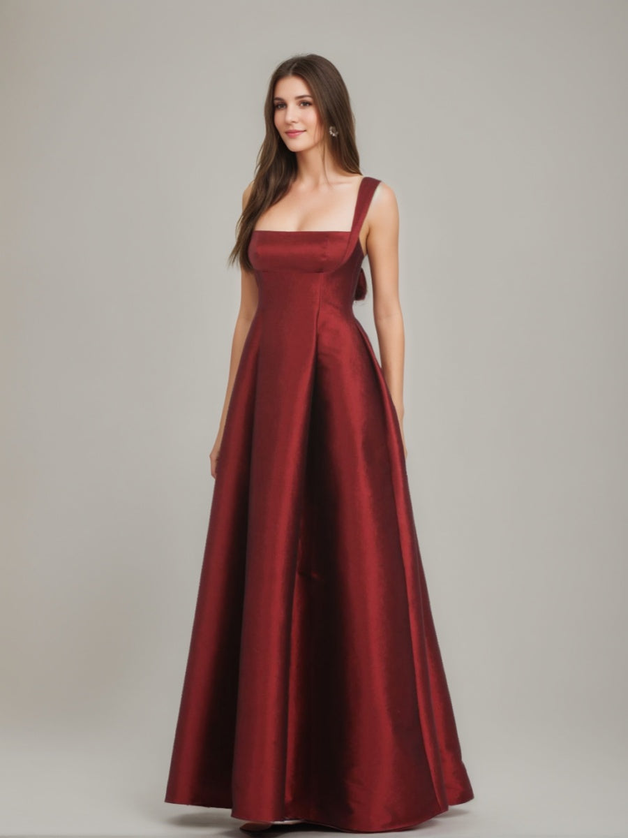 Floor-length A-Line Prom Dress with Square Neckline and Bowknot