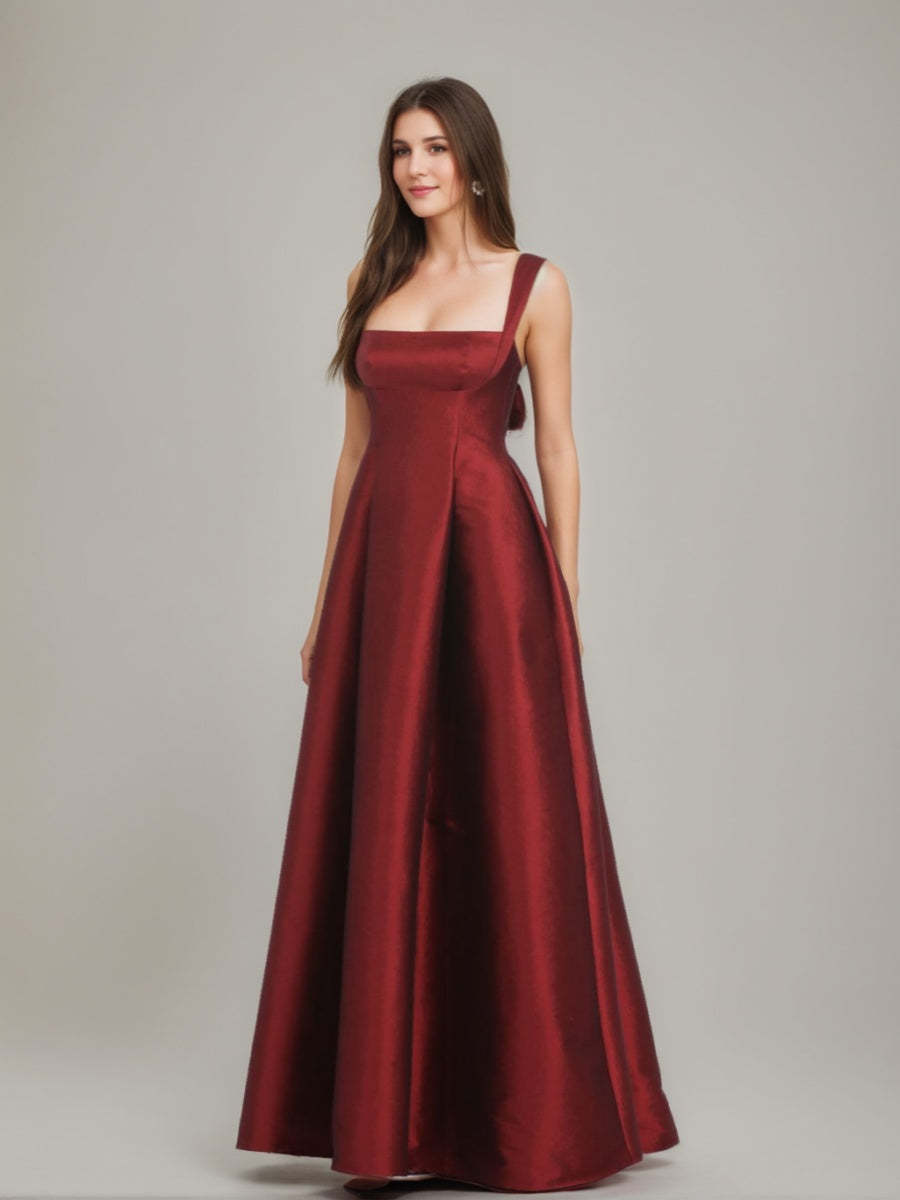 Floor-length A-Line Prom Dress with Square Neckline and Bowknot