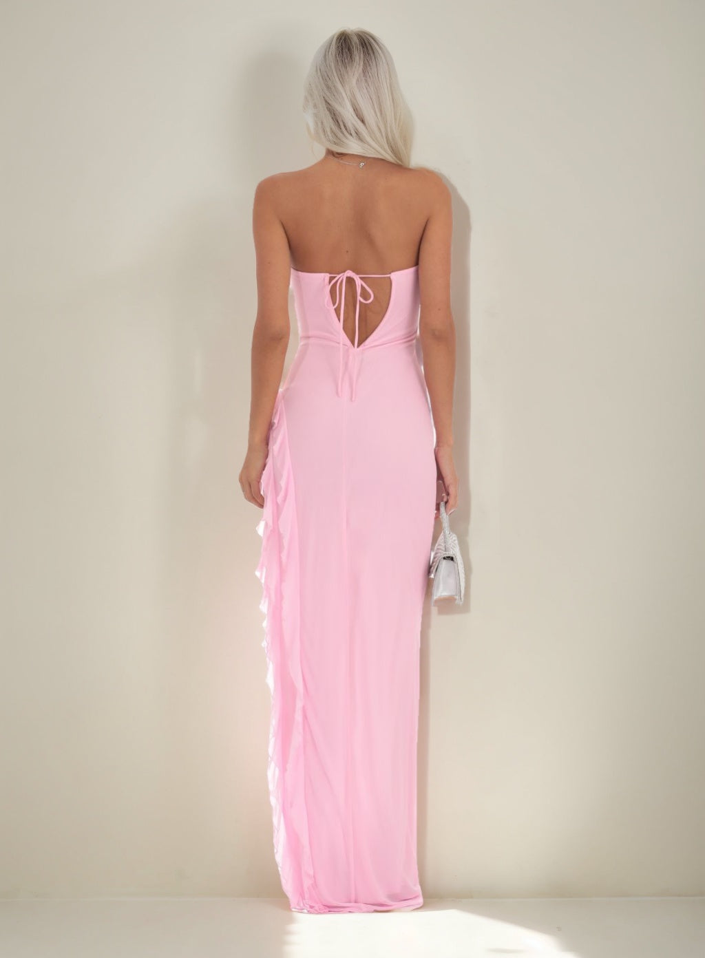 Asymmetrical Strapless Prom Dress with Ruffles and Self-Tie Sheath/Column