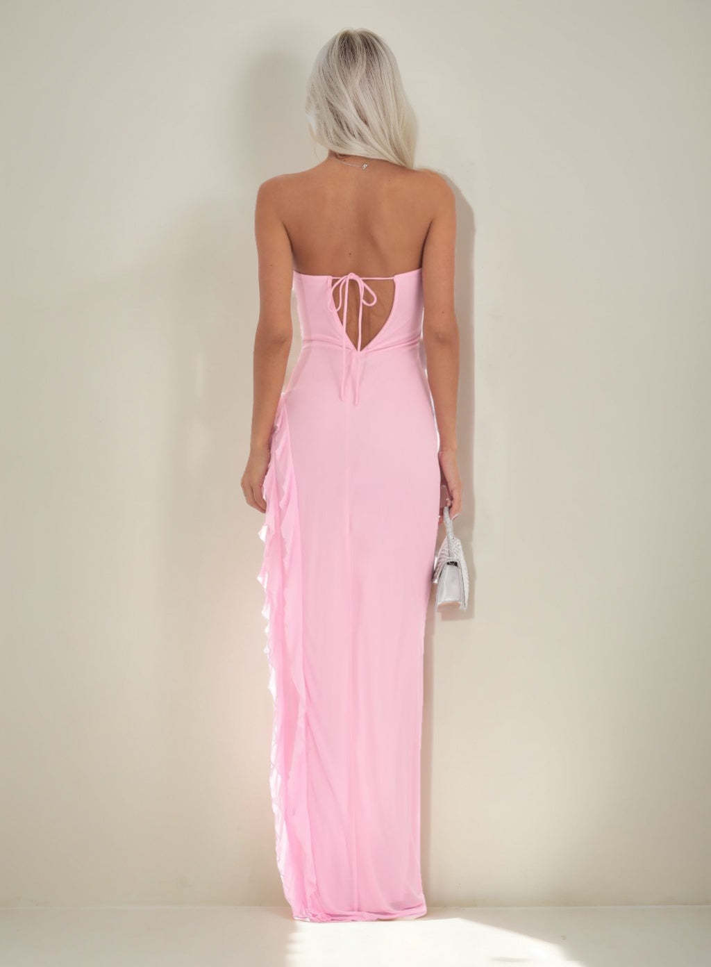 Asymmetrical Strapless Prom Dress with Ruffles and Self-Tie Sheath/Column