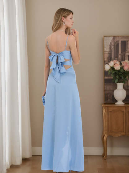 Spaghetti Strap Ruched Prom Dress with High Side Slit Bowknot and Ruffles