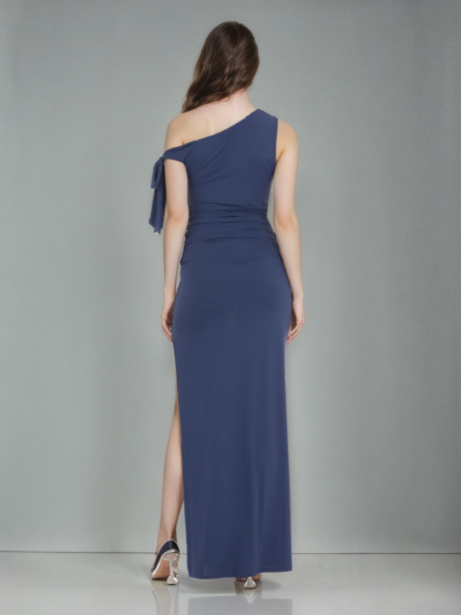 One-shoulder Ruched Prom Dress with Self-tie & High Side Slit in Sheath/Column Style