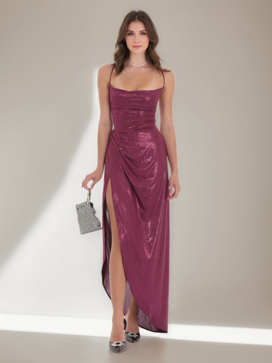 Asymmetrical Prom Dresses with Criss-cross Lace-up and Ruched Spaghetti Straps