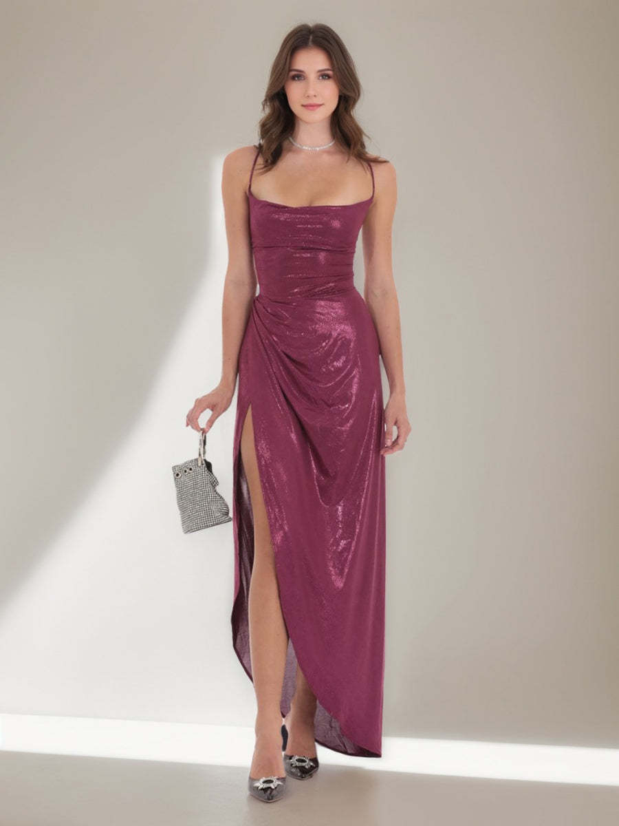 Asymmetrical Prom Dresses with Criss-cross Lace-up and Ruched Spaghetti Straps