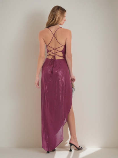 Asymmetrical Prom Dresses with Criss-cross Lace-up and Ruched Spaghetti Straps
