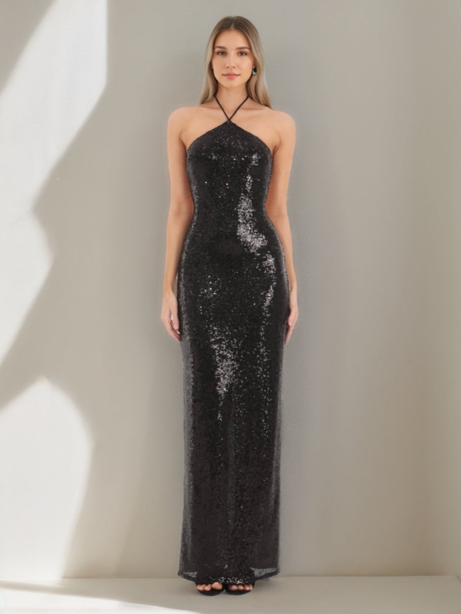 Backless Sequined Prom Dress with Halter Neckline Self-tie and Slit