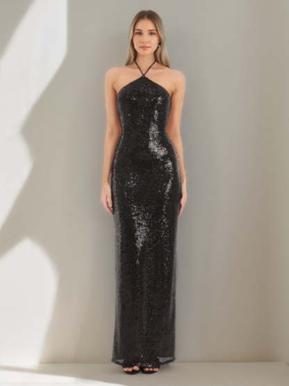 Backless Sequined Prom Dress with Halter Neckline Self-tie and Slit