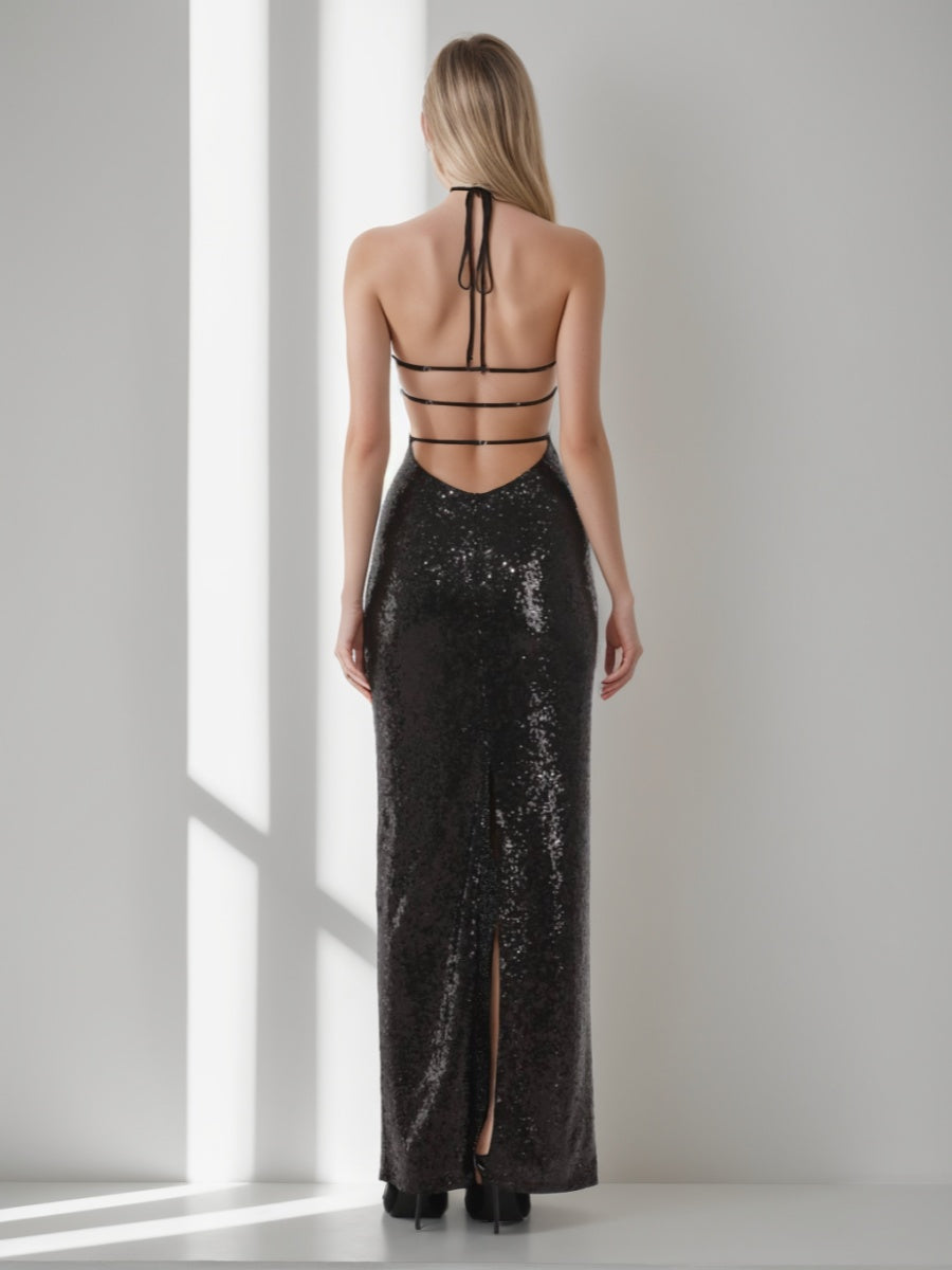 Backless Sequined Prom Dress with Halter Neckline Self-tie and Slit