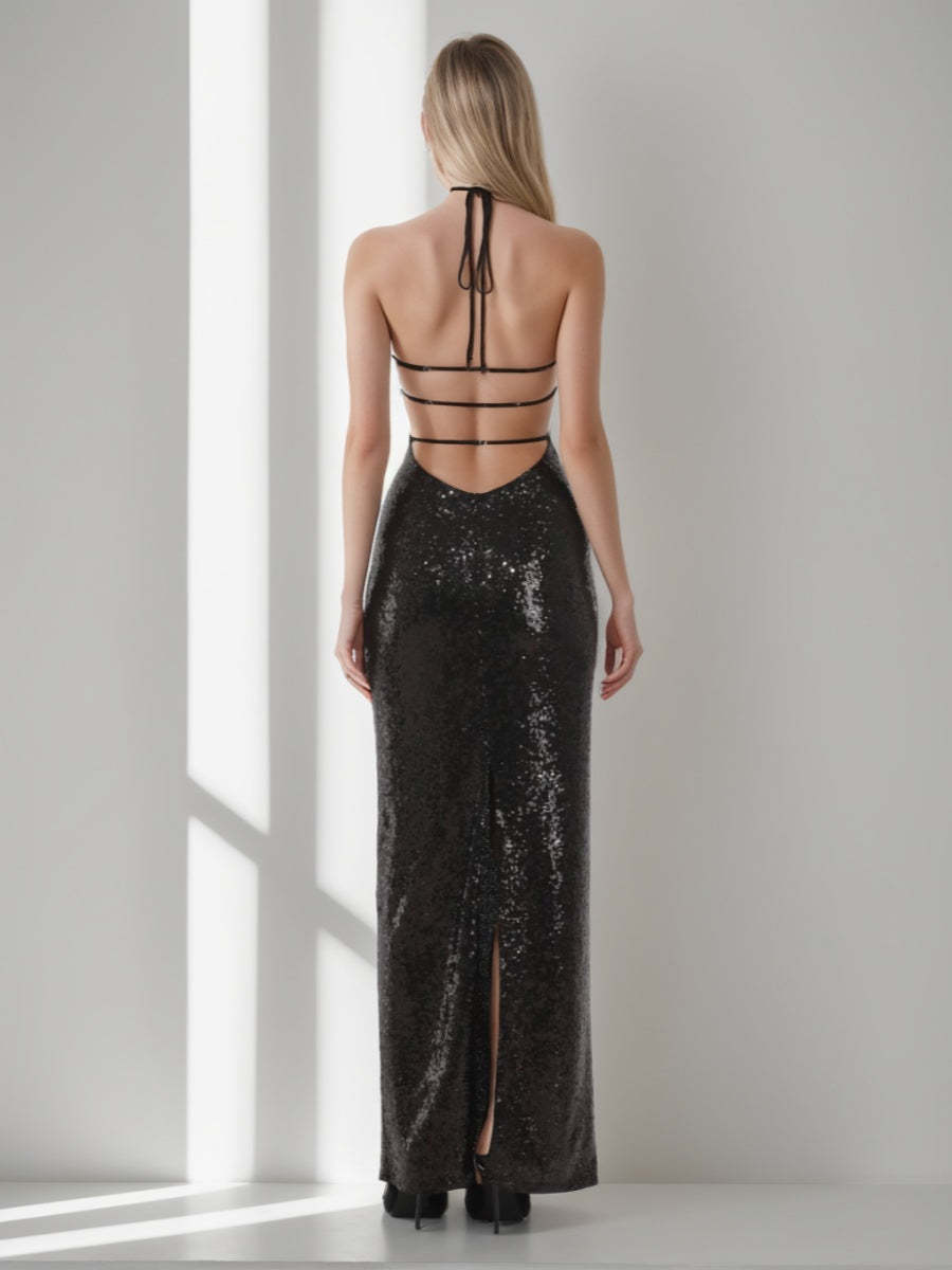 Backless Sequined Prom Dress with Halter Neckline Self-tie and Slit