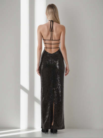 Backless Sequined Prom Dress with Halter Neckline Self-tie and Slit